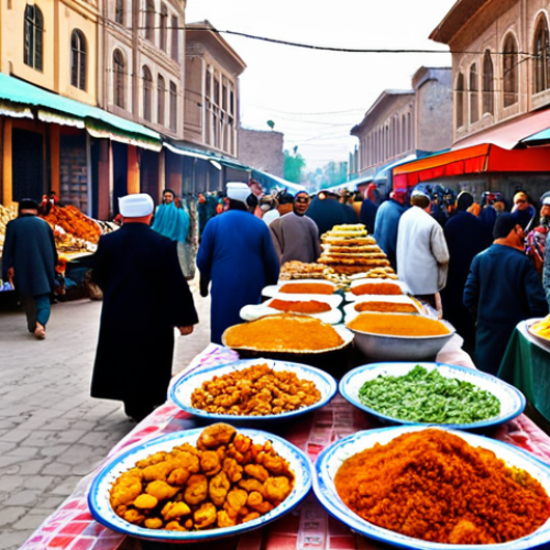 Home 4 **
A vibrant market scene in Tajikistan. Focus on local street food vendors selling traditional dishes, with bustling crowds and colorful textiles in the background. Capture the atmosphere of affordable culinary experiences.
**