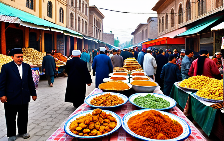 **
A vibrant market scene in Tajikistan. Focus on local street food vendors selling traditional dishes, with bustling crowds and colorful textiles in the background. Capture the atmosphere of affordable culinary experiences.
**
