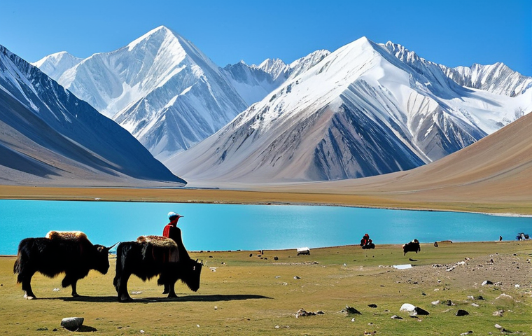파미르 고원의 매력 - **Prompt:** A breathtaking vista of the Pamir Mountains, showcasing snow-capped peaks and a crystal-...
